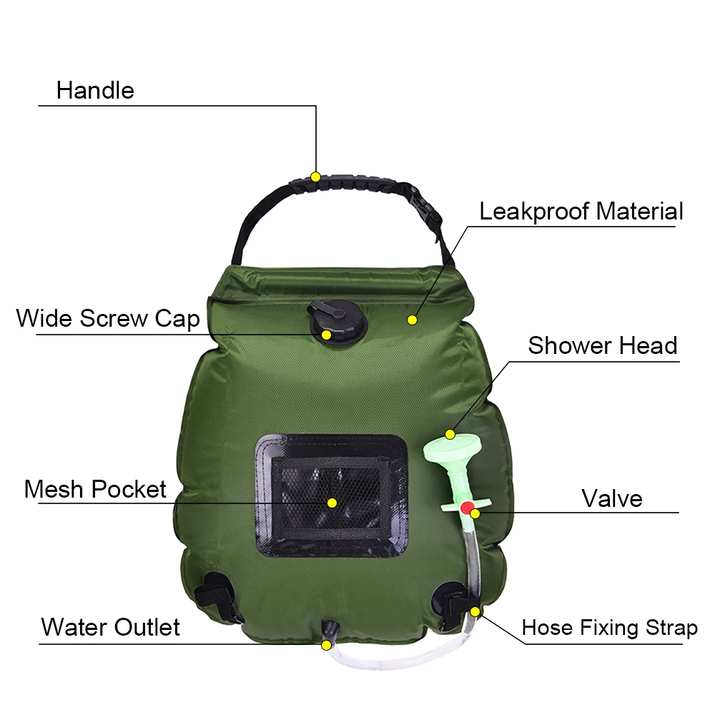 Outdoor 20L Solar Shower Bag Outdoor Portable Solar Heating Shower Bag for Camping Hiking Traveling Beach